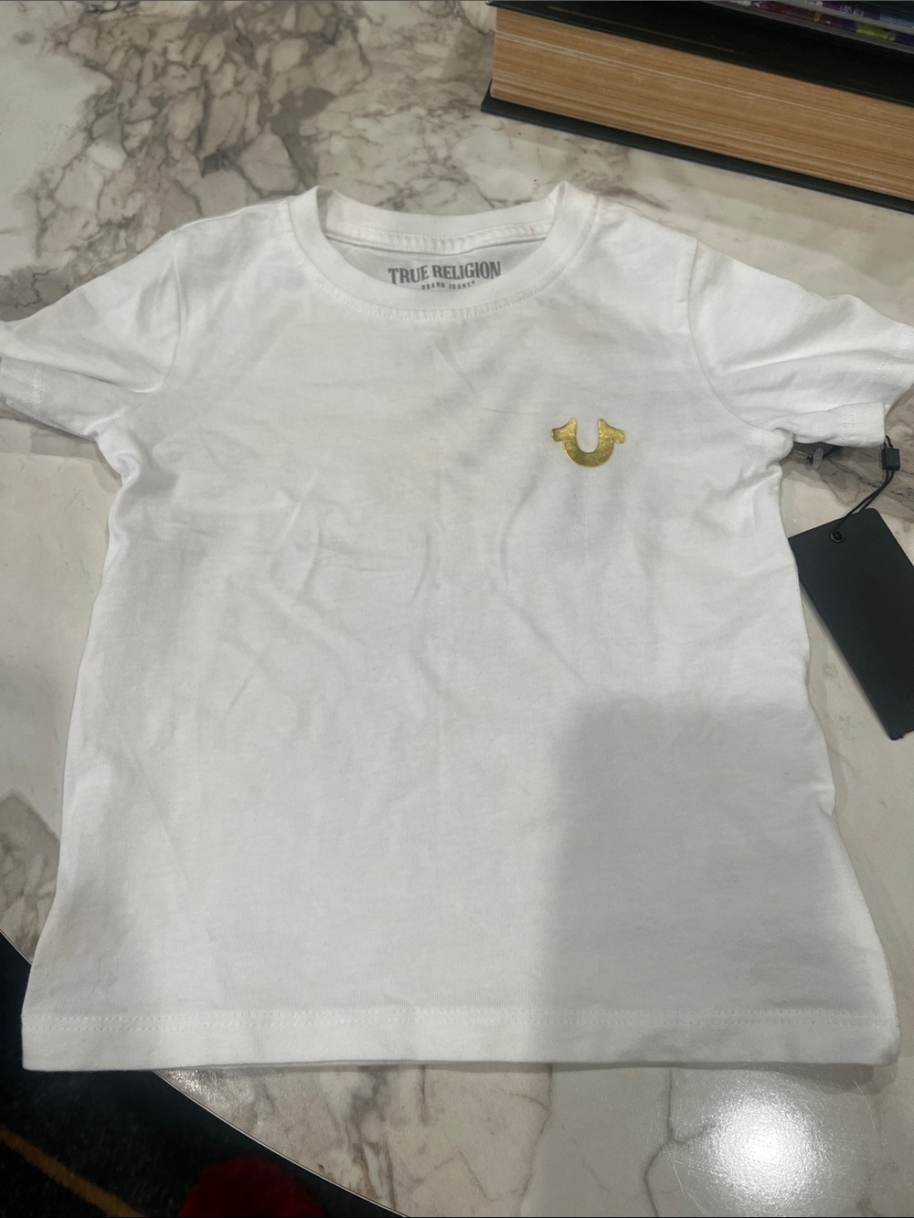 True Religion Kids White Tee with Gold Horseshoe Patch